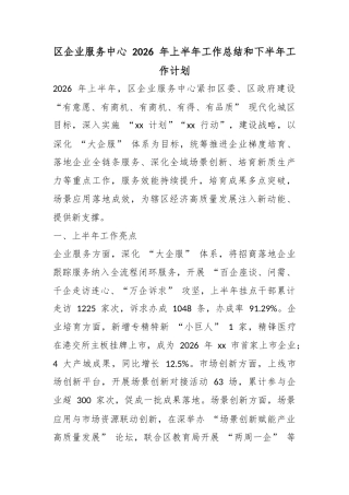 区企业服务中心2026年上半年工作总结和下半年工作计划_bd71c925