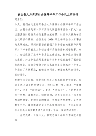 在全县人力资源社会保障半年工作会议上的讲话