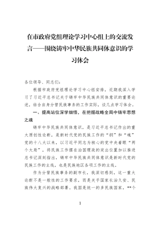 在市政府党组理论学习中心组上的交流发言——围绕铸牢中华民族共同体意识的学习体会
