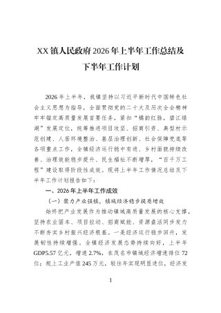 XX镇人民政府2026年上半年工作总结及下半年工作计划