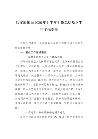 县文旅体局2026年上半年工作总结及下半年工作安排