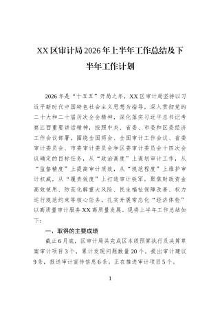 XX区审计局2026年上半年工作总结及下半年工作计划