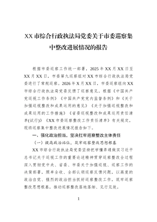 XX市综合行政执法局党委关于市委巡察集中整改进展情况的报告