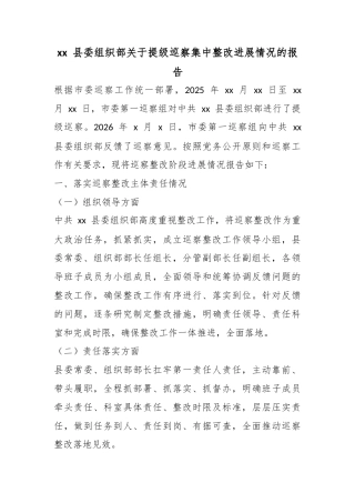 县委组织部关于提级巡察集中整改进展情况的报告