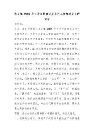 在全镇2026年下半年粮食安全生产工作推进会上的讲话