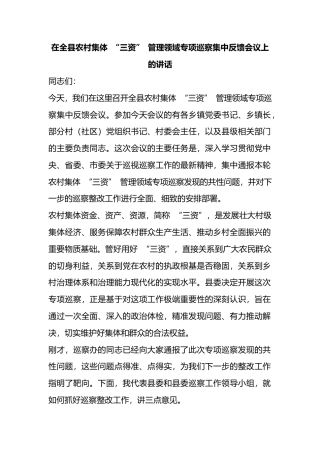 在全县农村集体“三资”管理领域专项巡察集中反馈会议上的讲话