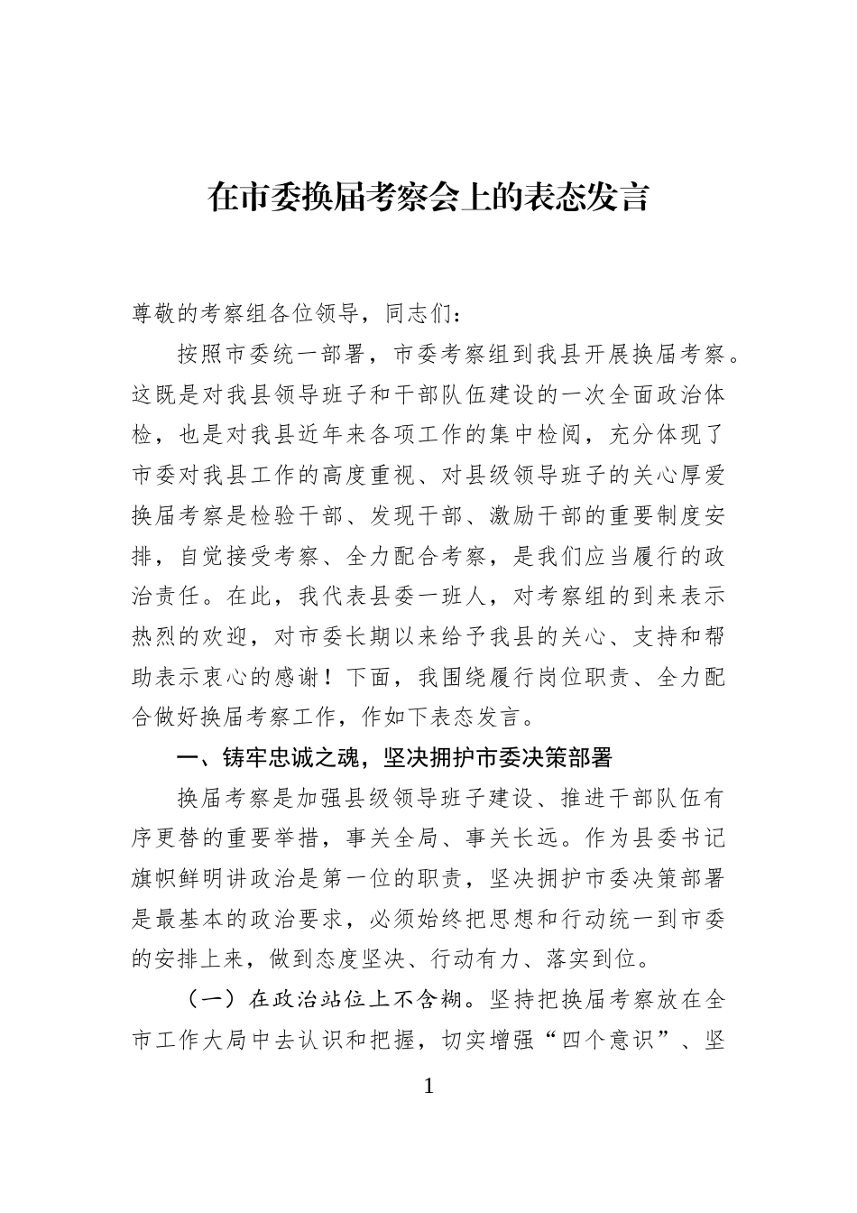 在市委换届考察会上的表态发言_第1页