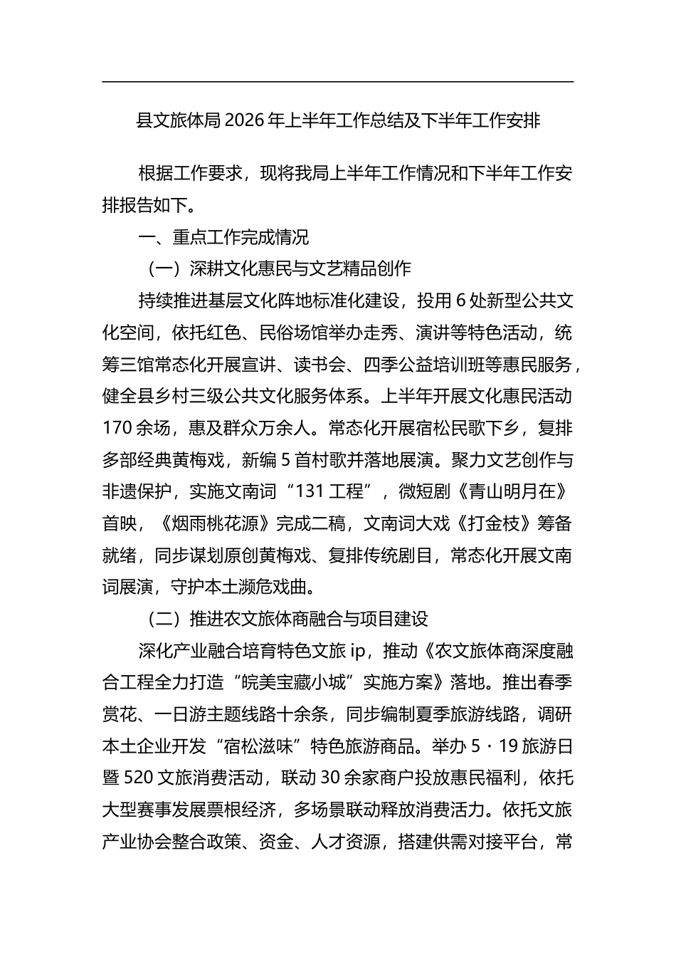 县文旅体局2026年上半年工作总结及下半年工作安排计划_第1页