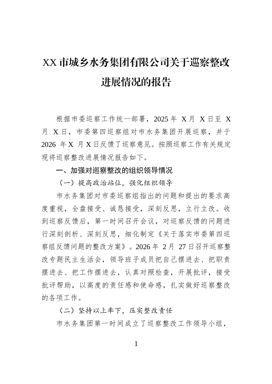 XX市城乡水务集团有限公司关于巡察整改进展情况的报告_第1页