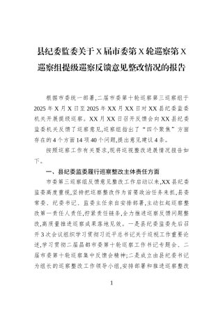 县纪委监委关于X届市委第X轮巡察第X巡察组提级巡察反馈意见整改情况的报告