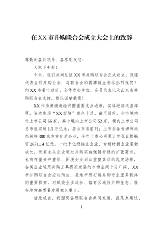 在XX市并购联合会成立大会上的致辞