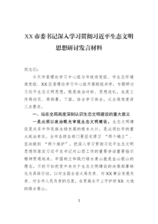 XX市委书记深入学习贯彻习近平生态文明思想研讨发言材料
