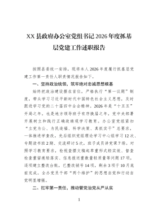 XX县政府办公室党组书记2026年度抓基层党建工作述职报告