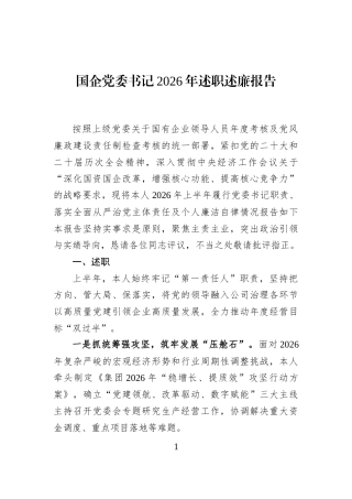 国企党委书记2026年述职述廉报告
