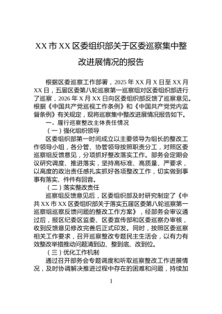 XX市XX区委组织部关于区委巡察集中整改进展情况的报告