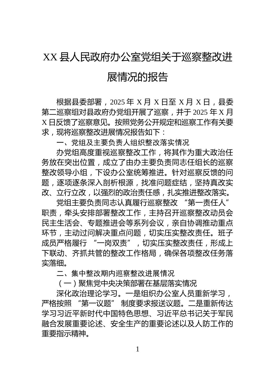 XX县人民政府办公室党组关于巡察整改进展情况的报告_第1页