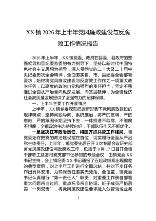 XX镇2026年上半年党风廉政建设与反腐败工作情况报告