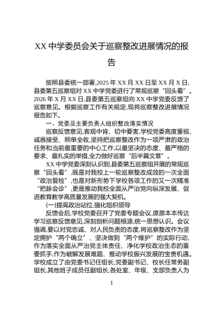XX中学委员会关于巡察整改进展情况的报告