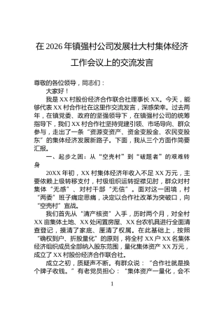 在2026年镇强村公司发展壮大村集体经济工作会议上的交流发言