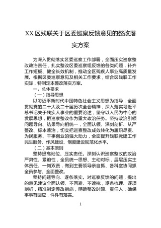 XX区残联关于区委巡察反馈意见的整改落实方案