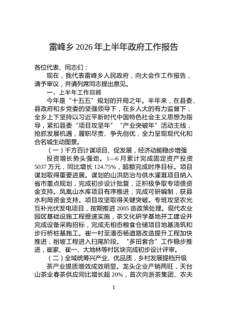 雷峰乡2026年上半年政府工作报告