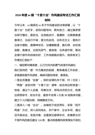 2026年度镇“十查十治”作风建设专访工作汇报材料