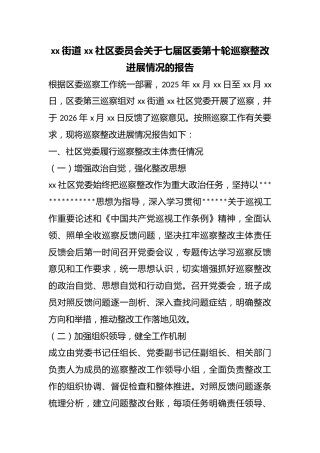 街道社区委员会关于七届区委第十轮巡察整改进展情况的报告