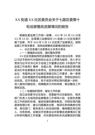 XX街道XX社区委员会关于七届区委第十轮巡察整改进展情况的报告