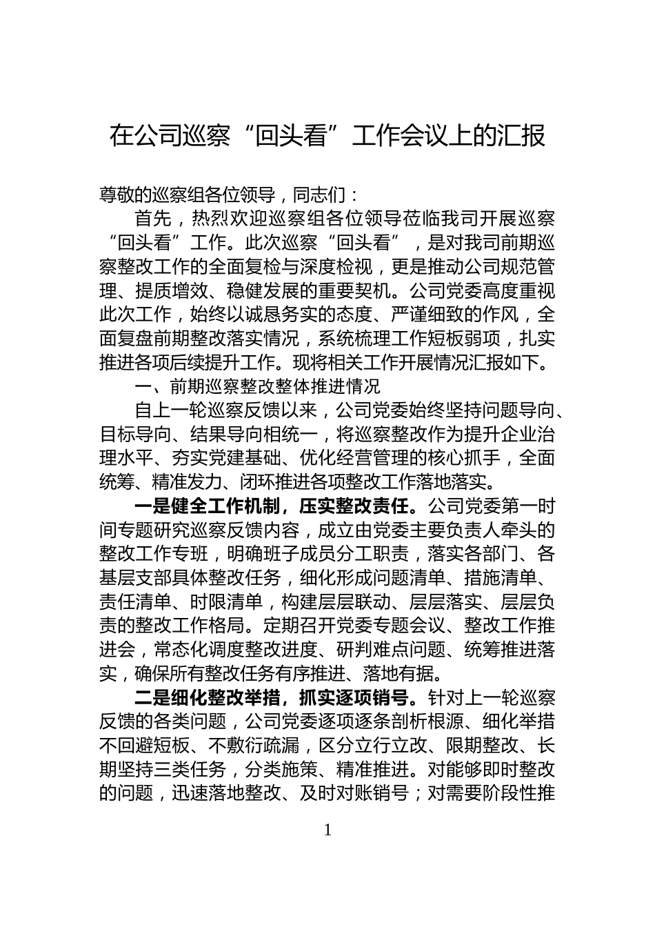 在公司巡察“回头看”工作会议上的汇报_第1页