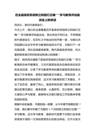 在全县政府系统树立和践行正确政绩观学习教育评估座谈会上的讲话
