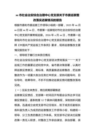 市社会治安综合治理中心党支部关于市委巡察整改落实进展情况的报告