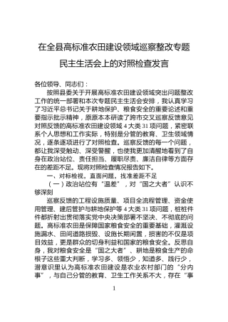 在全县高标准农田建设领域巡察整改专题民主生活会上的对照检查发言