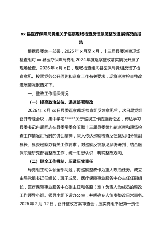 县医疗保障局党组关于巡察现场检查反馈意见整改进展情况的报告
