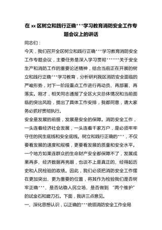 在区树立和践行正确政绩观学习教育消防安全工作专题会议上的讲话