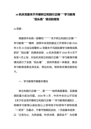 机关党委关于开展树立和践行正确政绩观学习教育“回头看”情况的报告