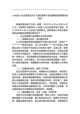 街道社区委员会关于七届区委第十轮巡察整改进展情况的报告