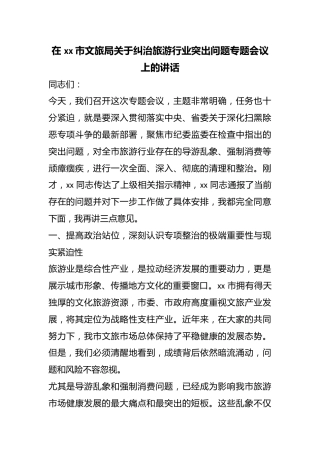 在市文旅局关于纠治旅游行业突出问题专题会议上的讲话