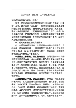 在公司巡察“回头看”工作会议上的汇报