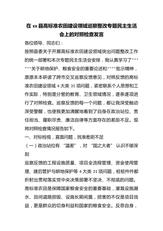 在县高标准农田建设领域巡察整改专题民主生活会上的对照检查发言