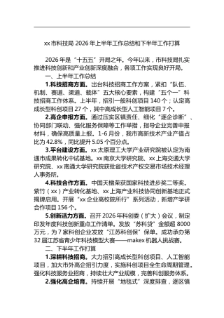 市科技局2026年上半年工作总结和下半年工作打算计划
