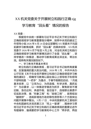 XX机关党委关于开展树立和践行正确zjg学习教育“回头看”情况的报告