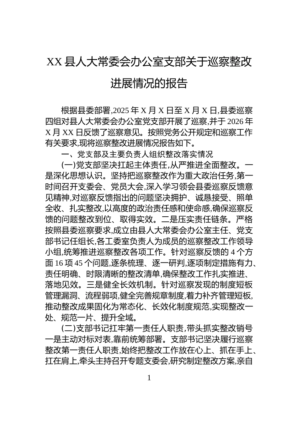 XX县人大常委会办公室支部关于巡察整改进展情况的报告_第1页