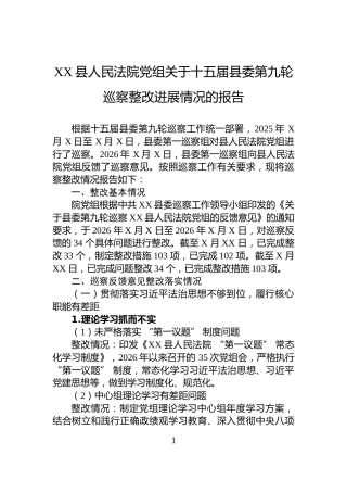XX县人民法院党组关于十五届县委第九轮巡察整改进展情况的报告