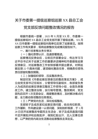 关于市委第一提级巡察组巡察XX县总工会党支部反馈问题整改情况的报告