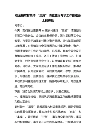 在全镇农村集体“三资”清查整治专项工作推进会上的讲话