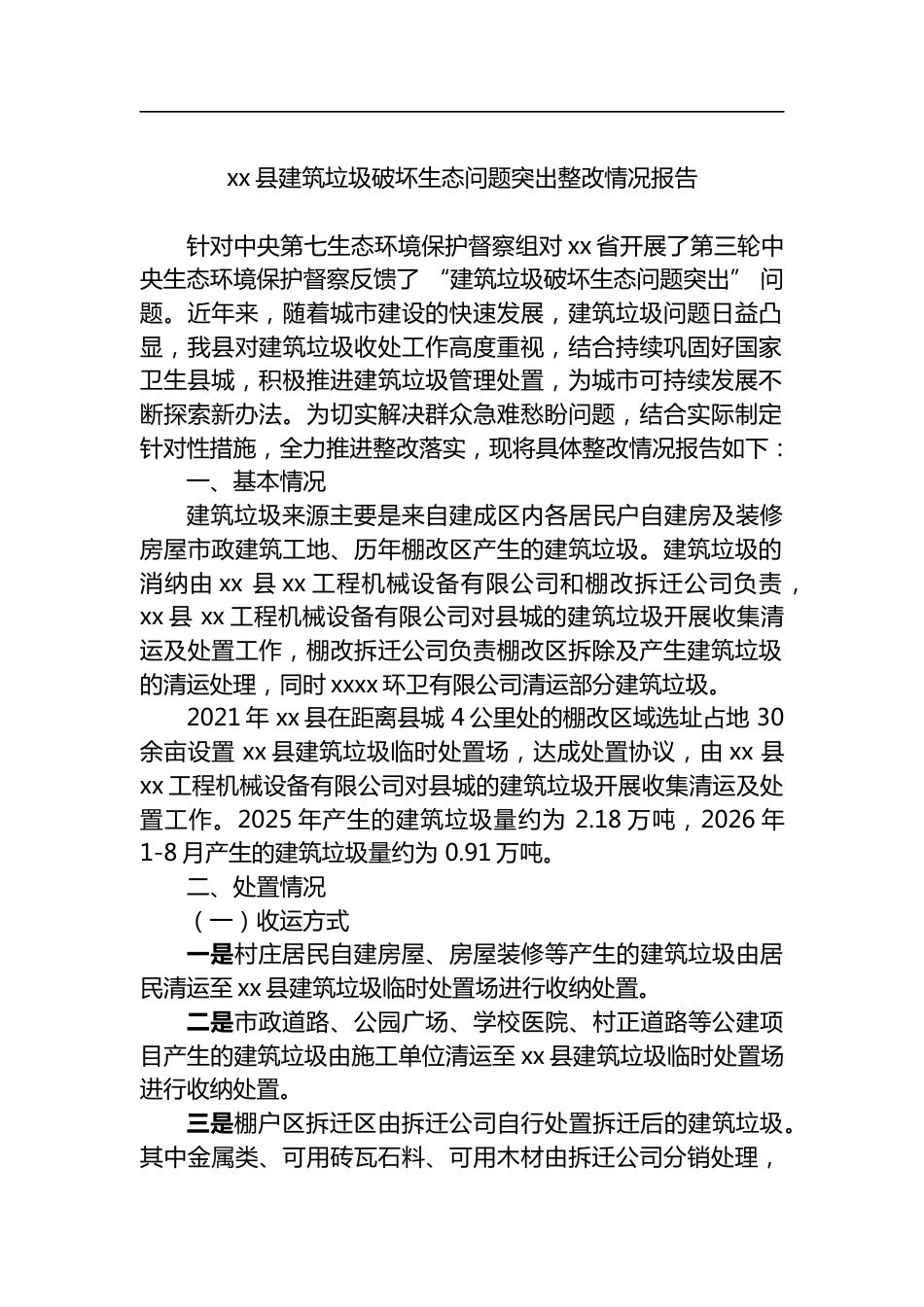 县建筑垃圾破坏生态问题突出整改情况报告_第1页