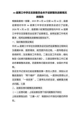 县第三中学总支部委员会关于巡察整改进展情况的报告