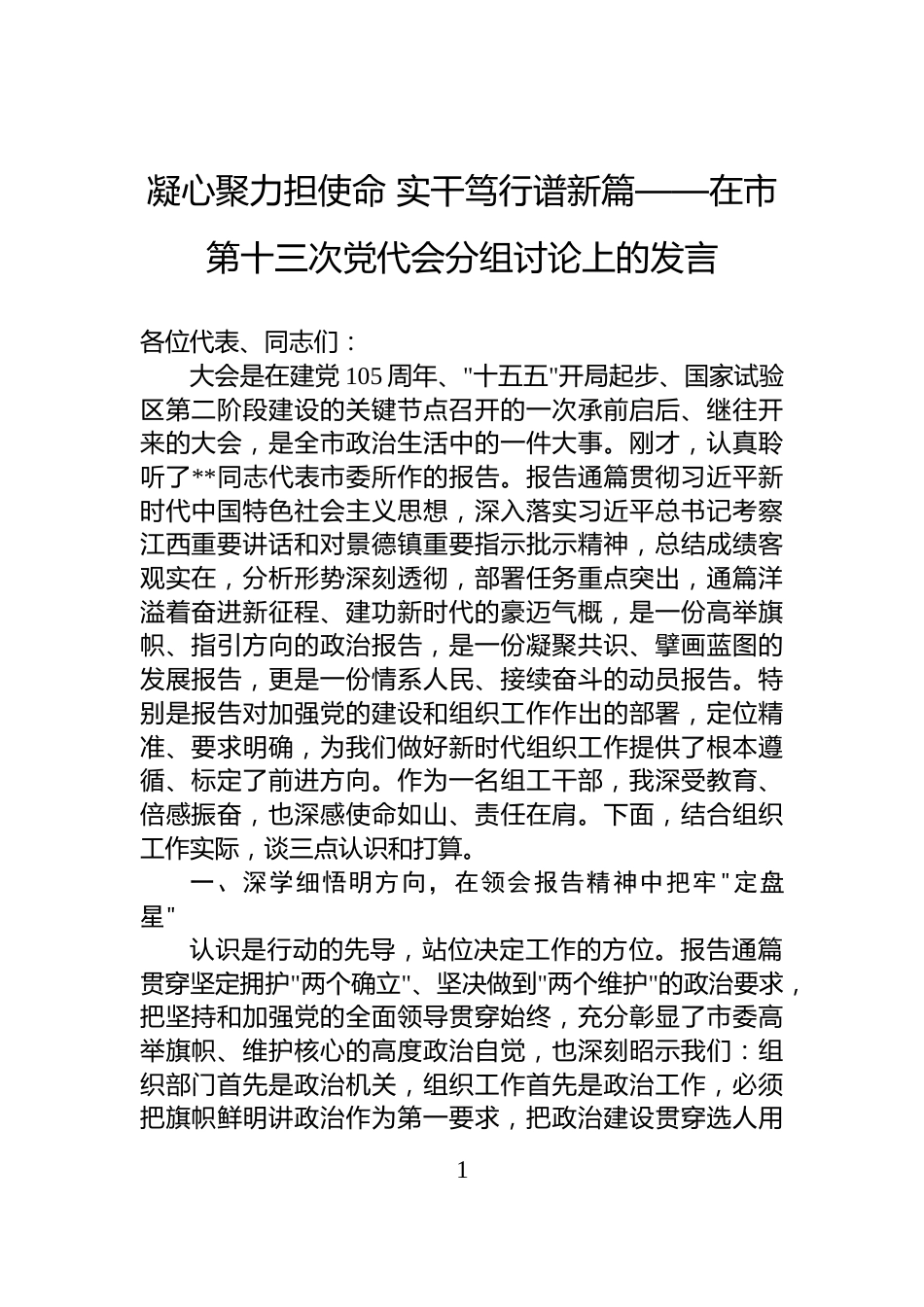 凝心聚力担使命+实干笃行谱新篇——在市第十三次党代会分组讨论上的发言_第1页