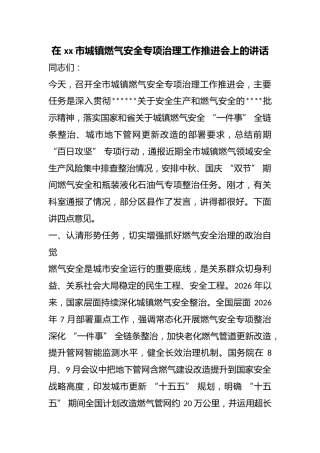 在市城镇燃气安全专项治理工作推进会上的讲话