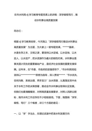 在市水利局党纪学习教育专题党课上的讲稿